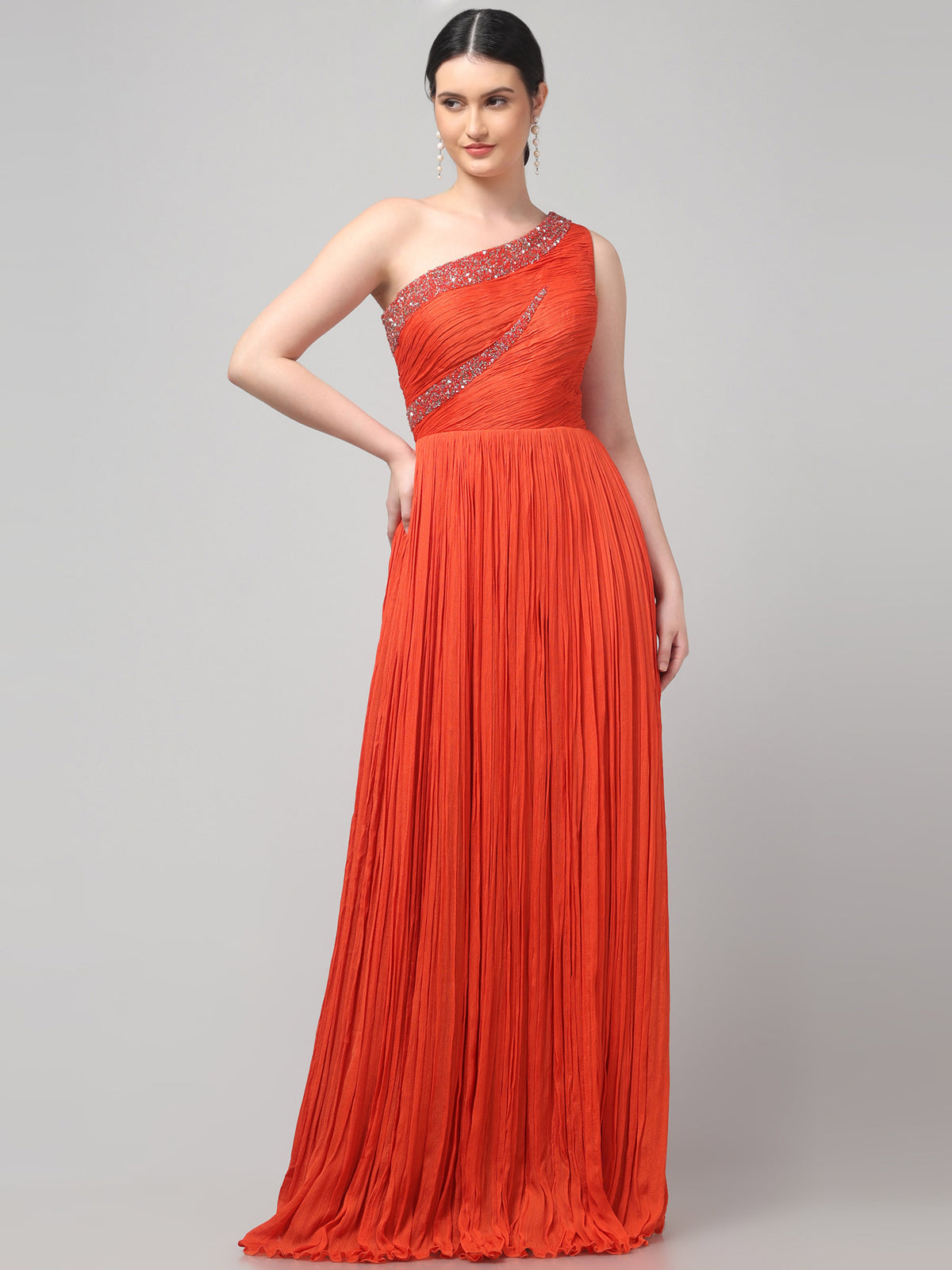 Orange One-Shoulder  Pure Chinnon Party Wear  Pleated Gown