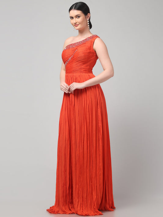 Orange One-Shoulder  Pure Chinnon Party Wear  Pleated Gown