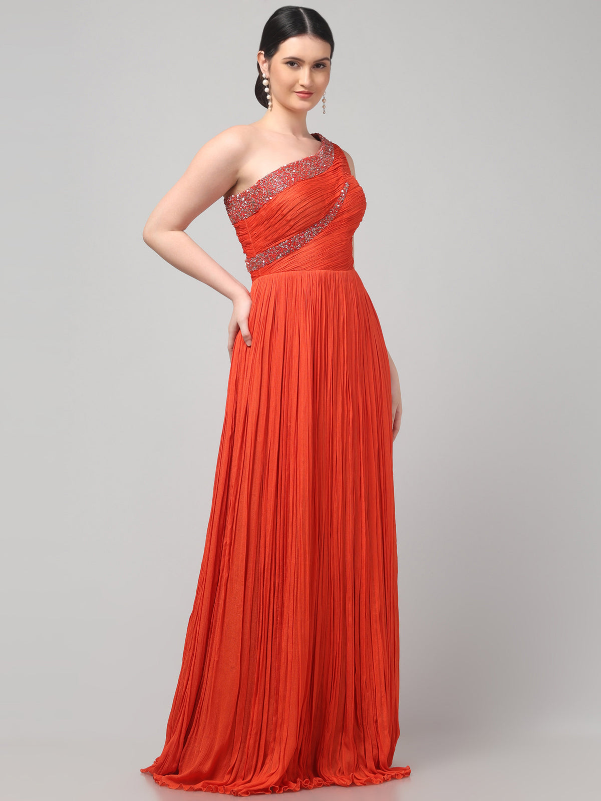 Orange One-Shoulder  Pure Chinnon Party Wear  Pleated Gown