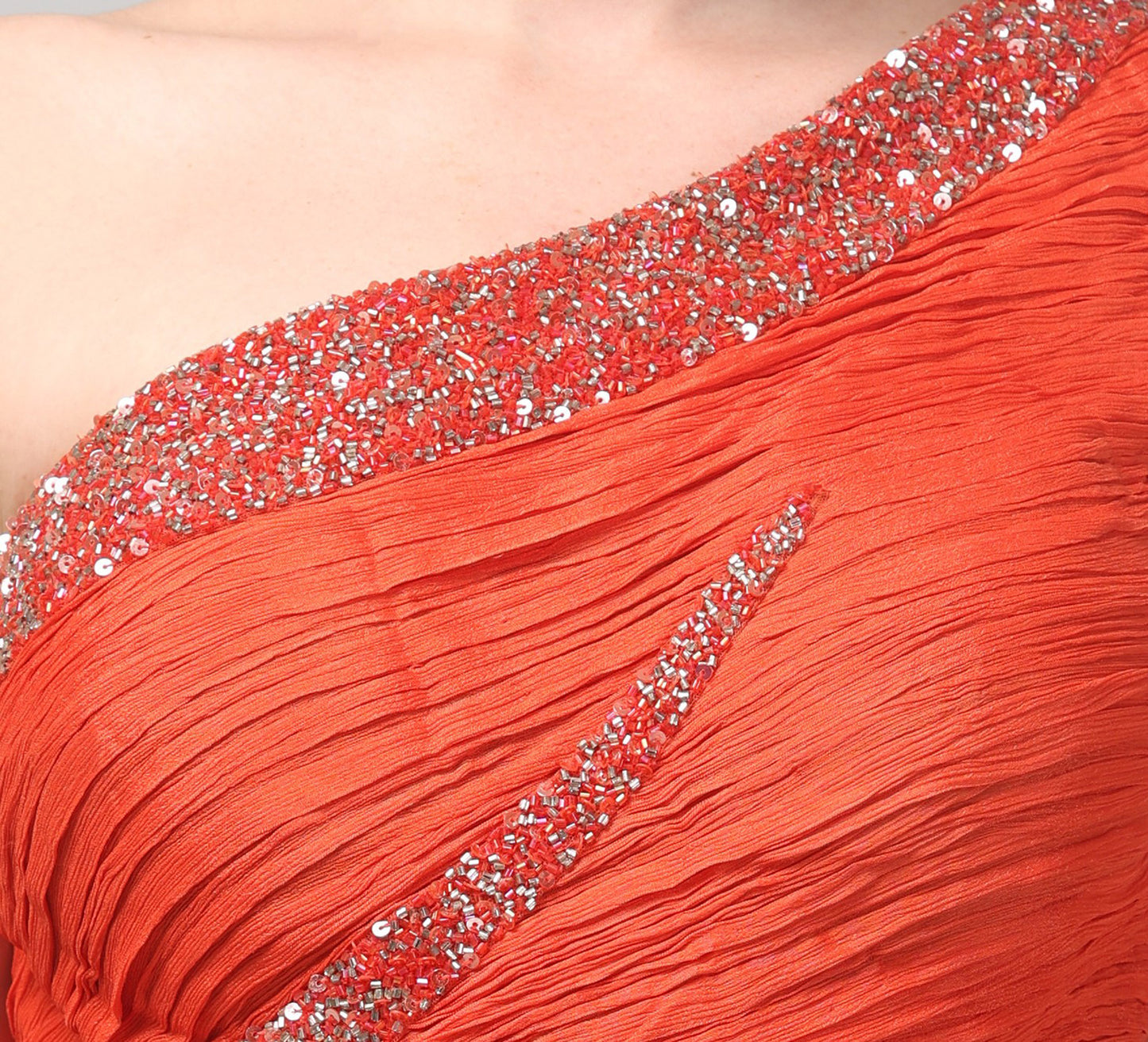Orange One-Shoulder  Pure Chinnon Party Wear  Pleated Gown