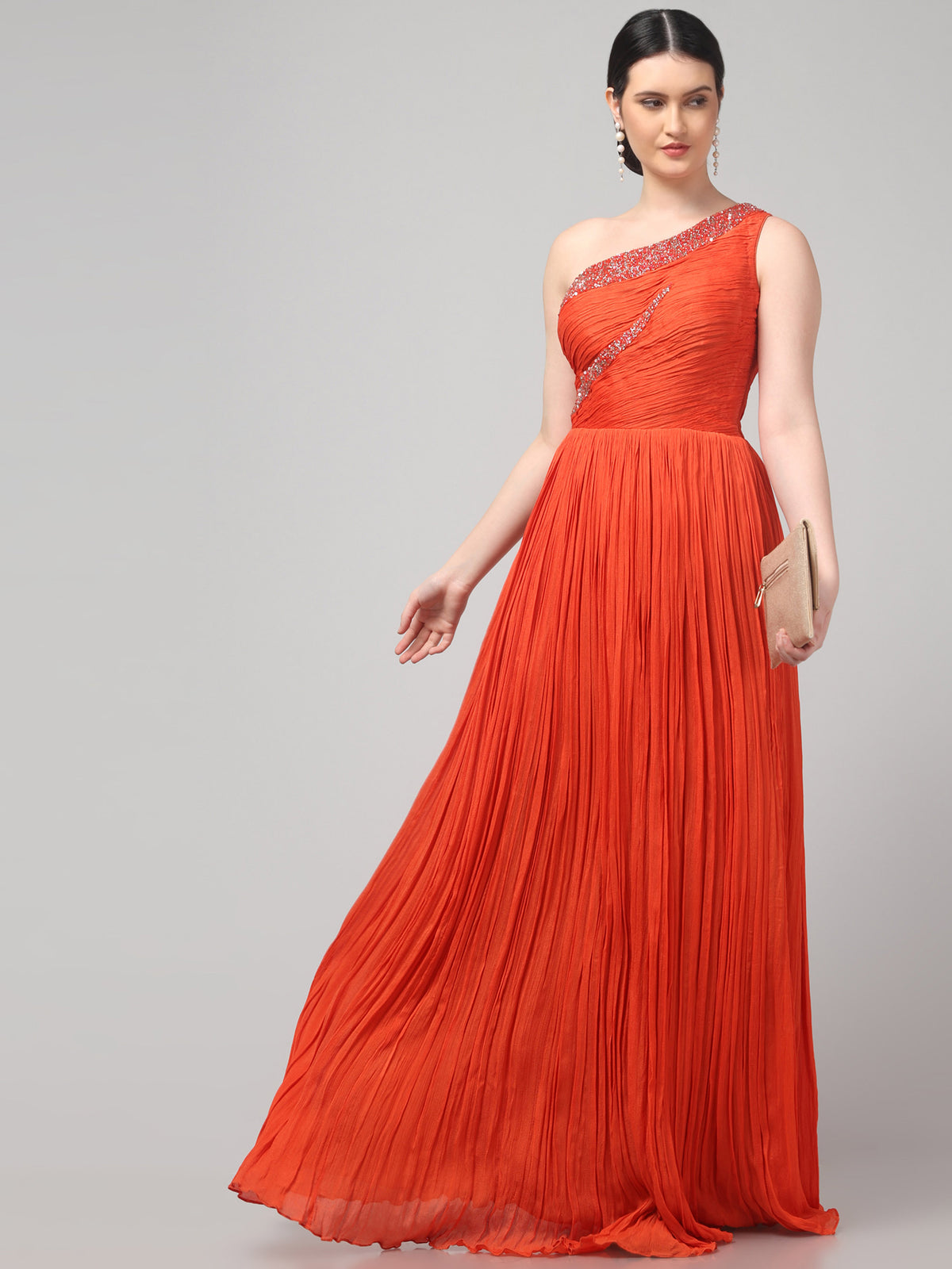 Orange One-Shoulder  Pure Chinnon Party Wear  Pleated Gown