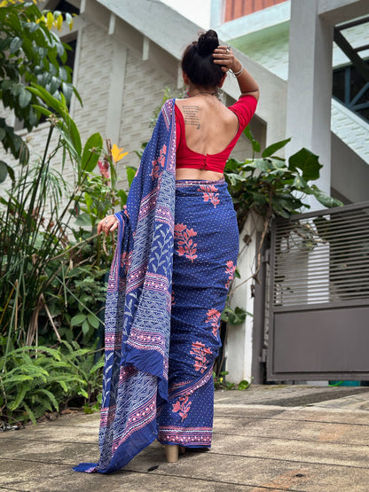 Elegant Navy Blue - Handblock Printed Cotton Saree for Summer