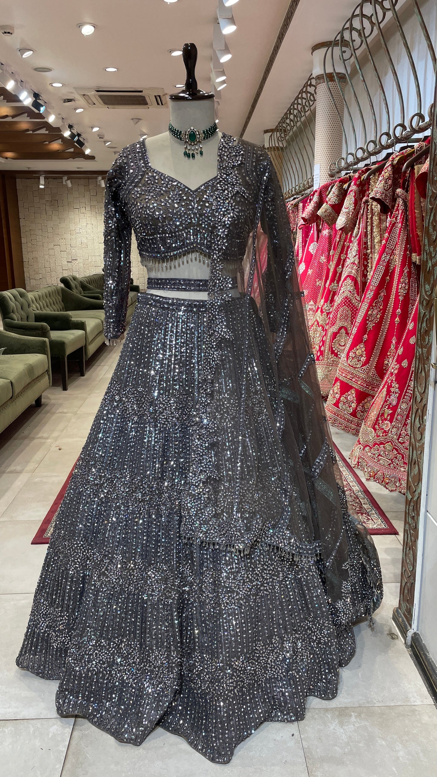 Silver Net with Sequins & Bead Embellishments Engagement Lehenga
