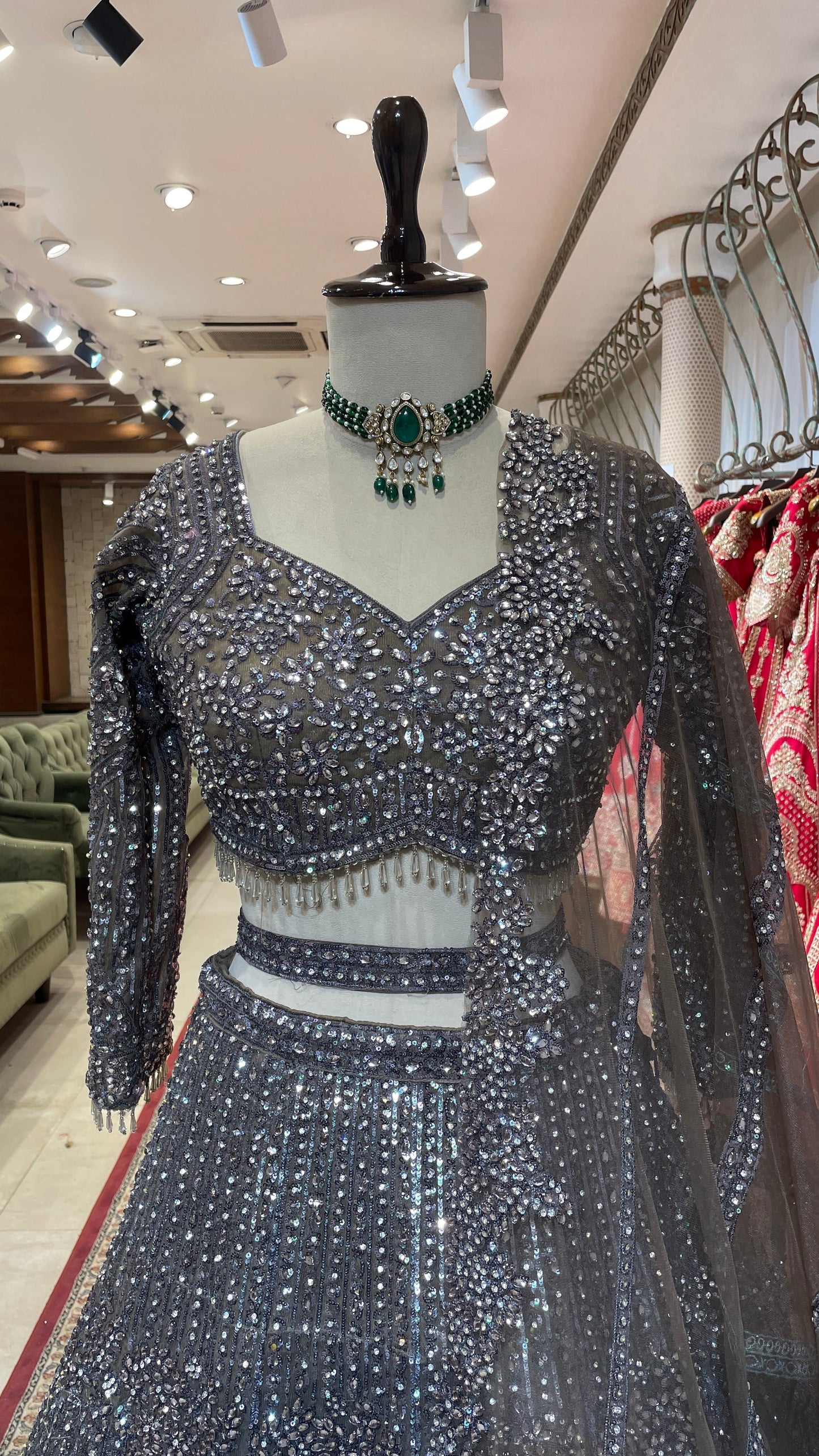 Silver Net with Sequins & Bead Embellishments Engagement Lehenga