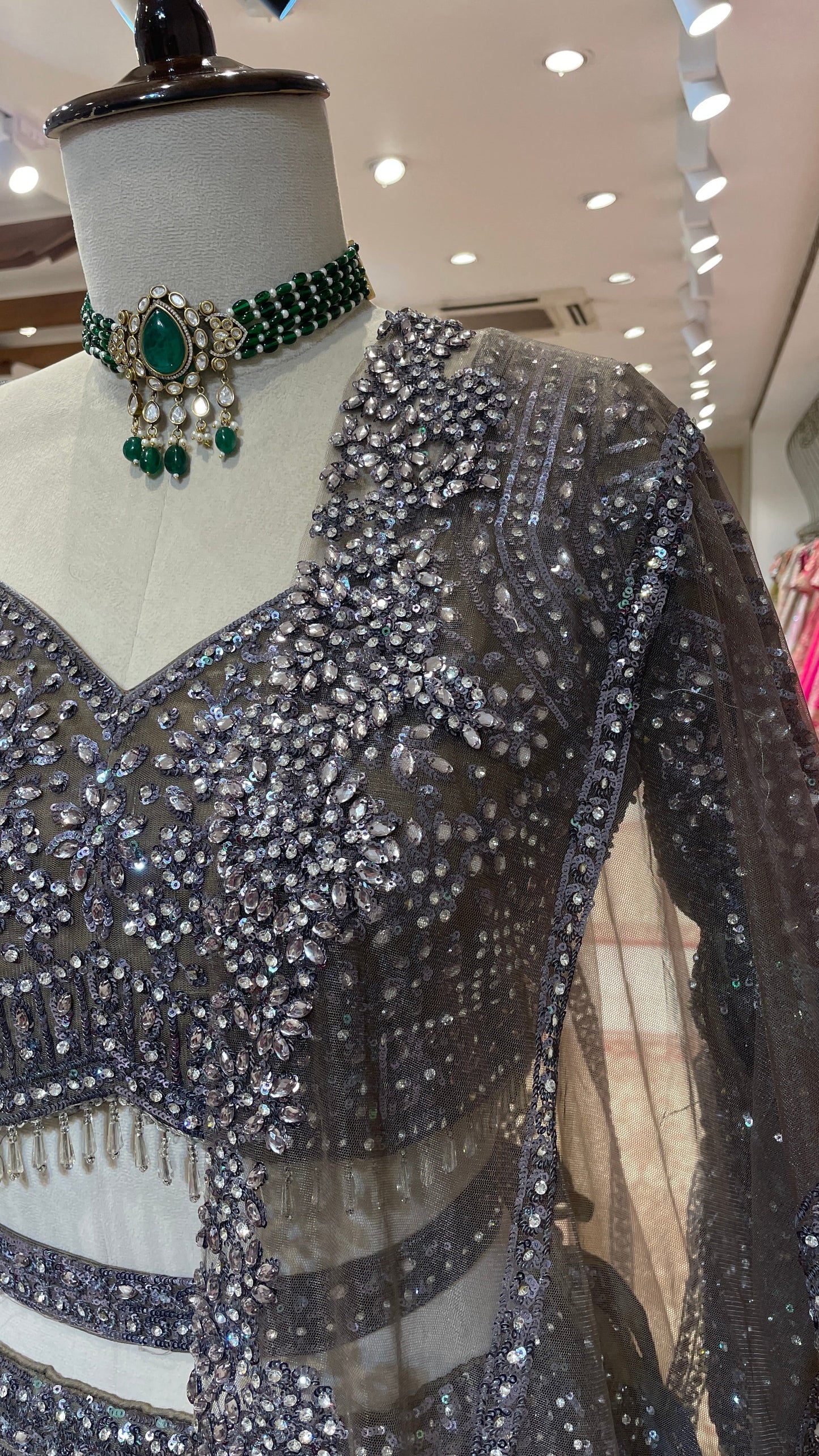 Silver Net with Sequins & Bead Embellishments Engagement Lehenga