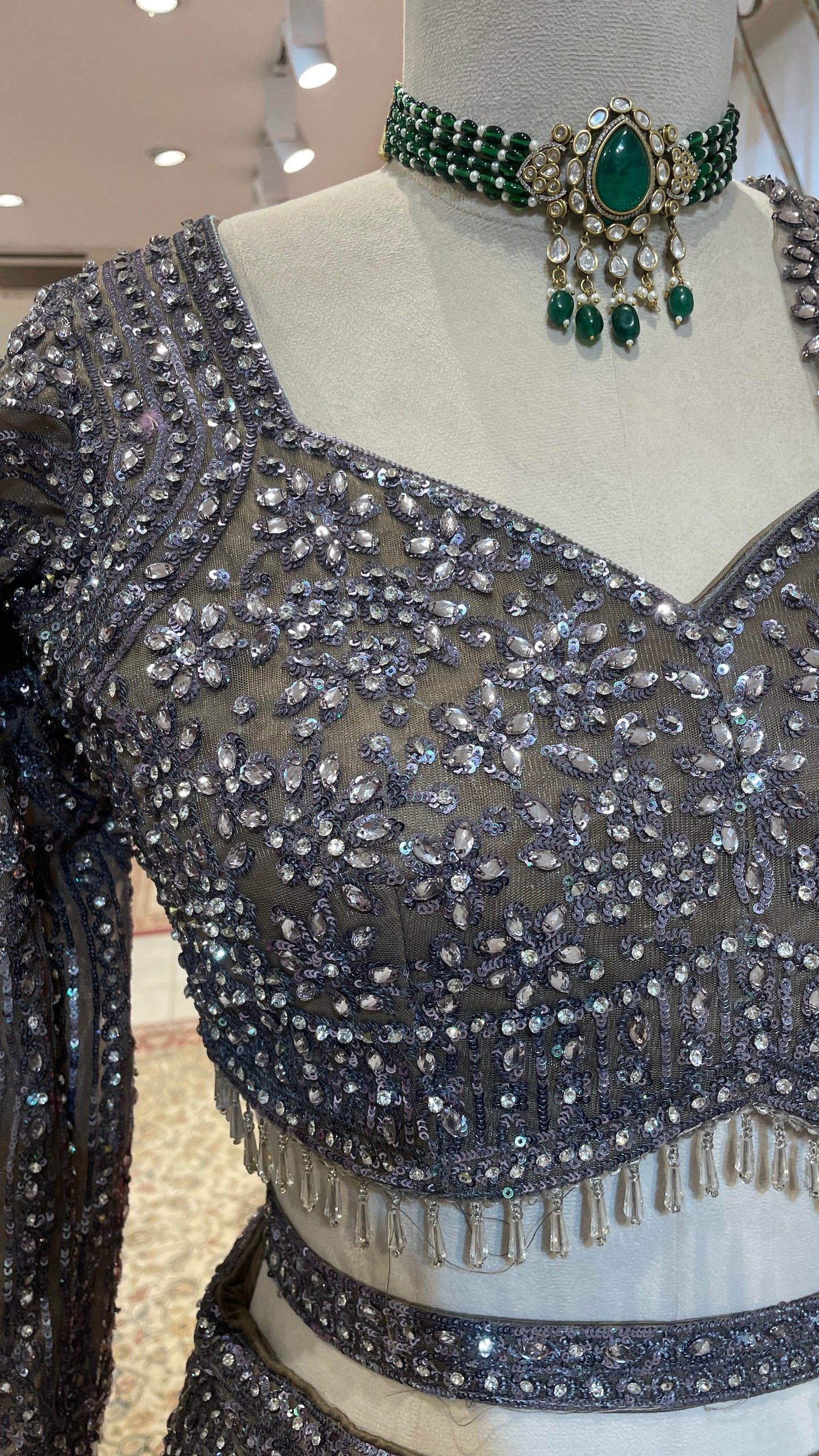 Silver Net with Sequins & Bead Embellishments Engagement Lehenga