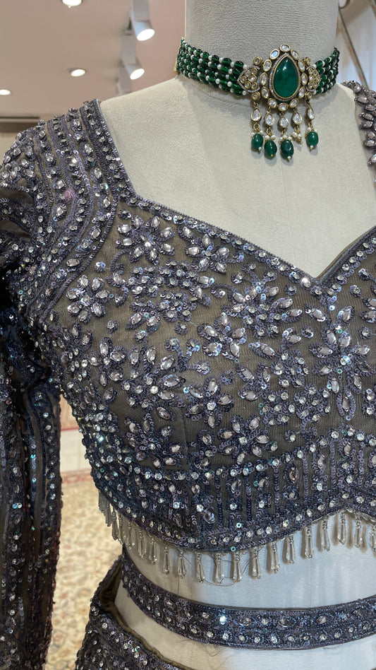 Silver Net with Sequins & Bead Embellishments Engagement Lehenga