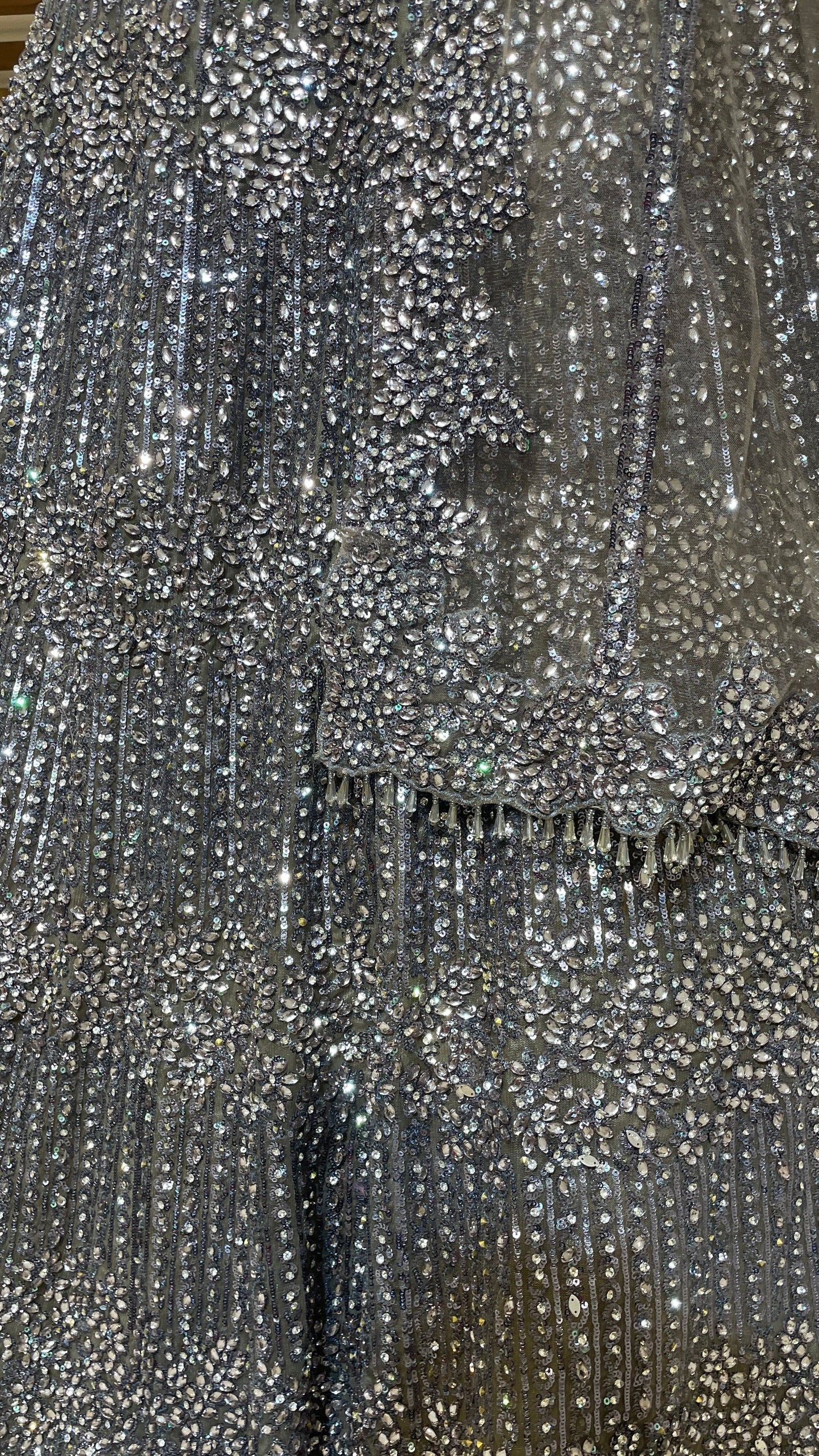 Silver Net with Sequins & Bead Embellishments Engagement Lehenga