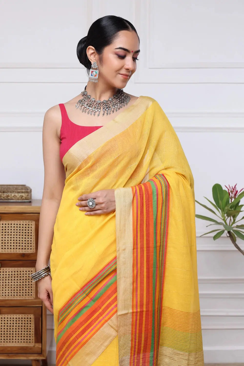 Vivid Yellow Handloom Pure Cotton Saree With Multi Colour Border & Jute Pallu