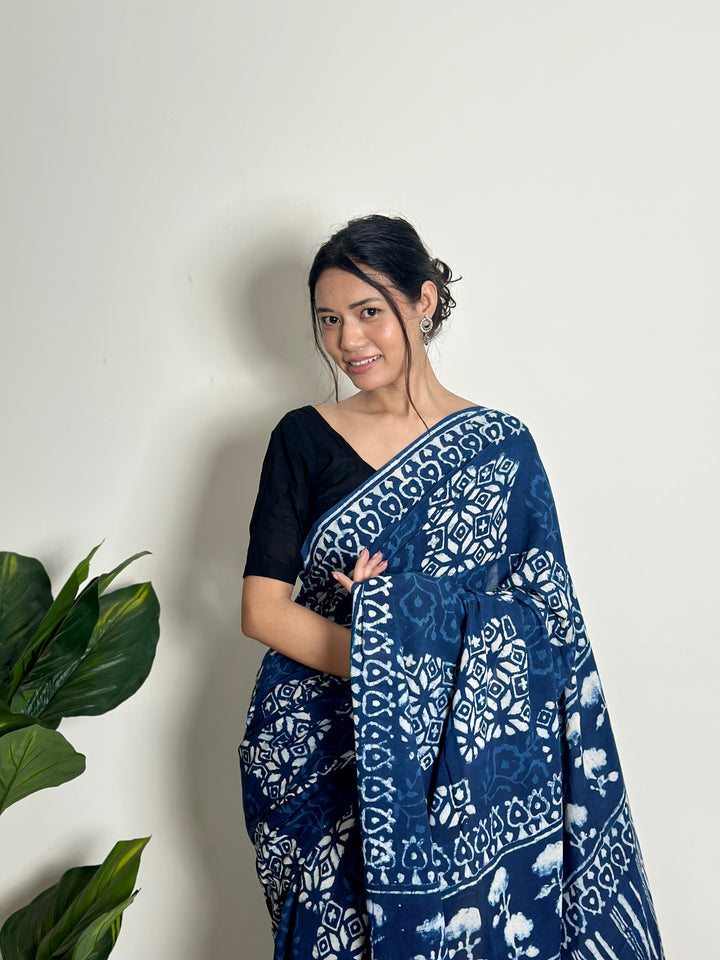 Indigo Twilight Breeze - Handblock Print Natural Dyed - Mulmul Cotton Saree