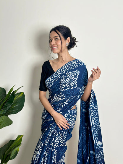 Indigo Twilight Breeze - Handblock Print Natural Dyed - Mulmul Cotton Saree