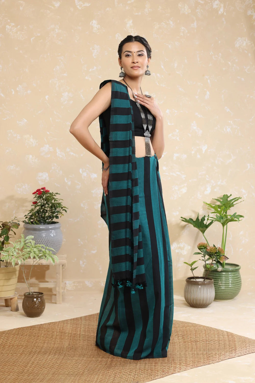 Handloom Black Stripes Mulmul Saree