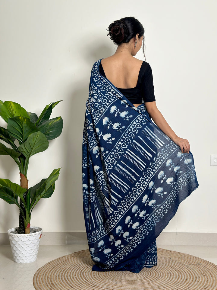Indigo Twilight Breeze - Handblock Print Natural Dyed - Mulmul Cotton Saree