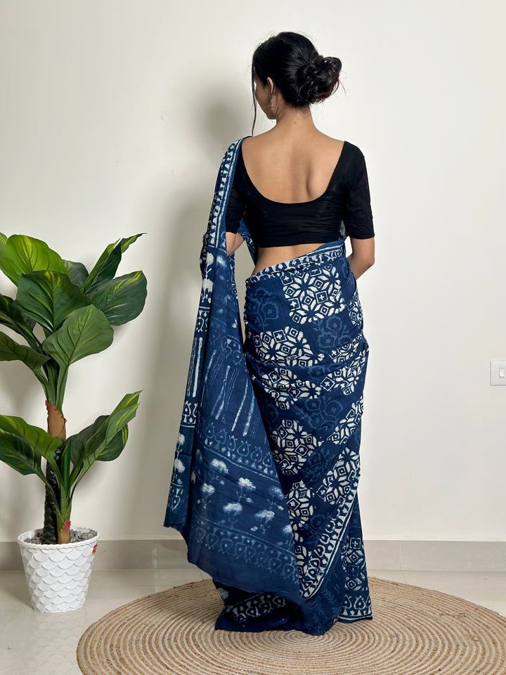Indigo Twilight Breeze - Handblock Print Natural Dyed - Mulmul Cotton Saree