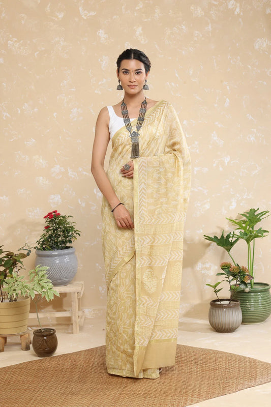 Handloom Coffee Cream Block Print Chanderi Cotton Saree