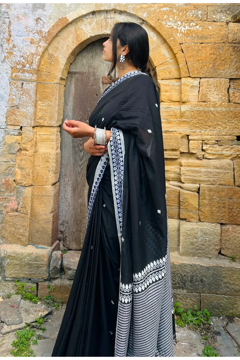 Handloom Black pure cotton saree with white border