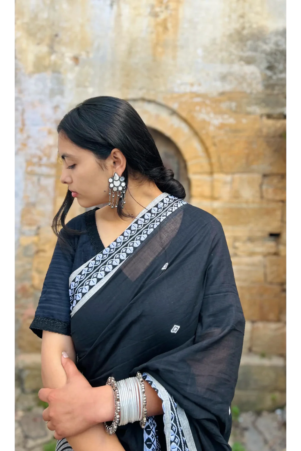 Handloom Black pure cotton saree with white border