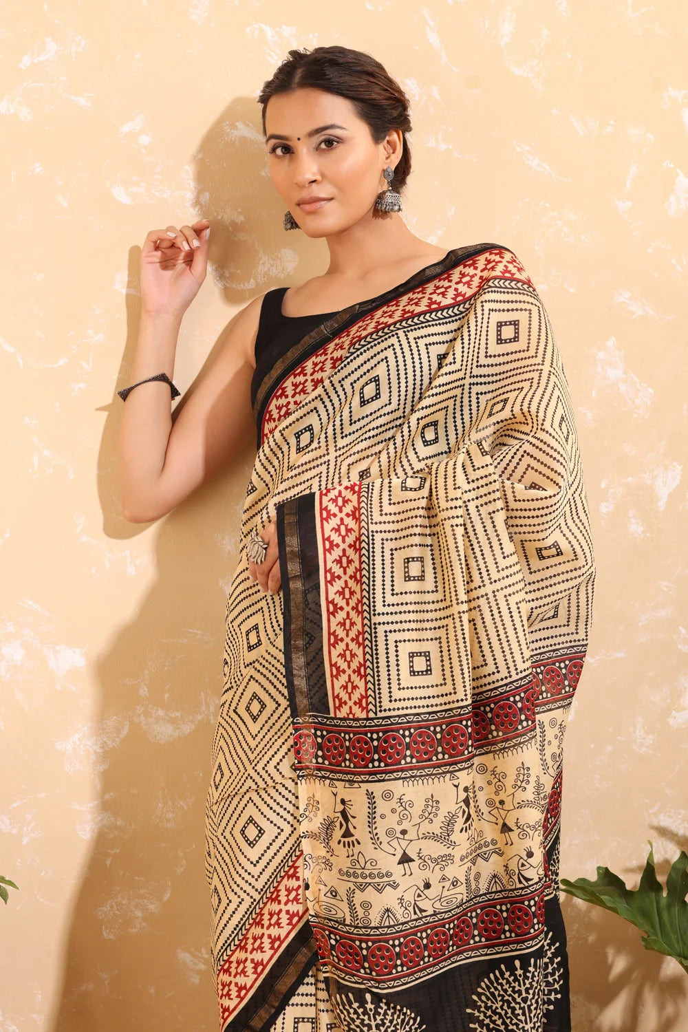 Handloom Tan Brown  Block Print Chanderi Cotton Saree
