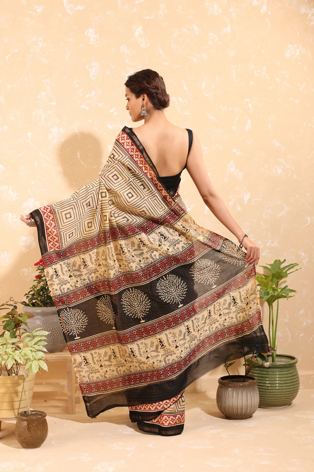 Handloom Tan Brown  Block Print Chanderi Cotton Saree