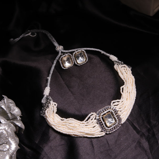 Zevar Club Rhodium Plated Ivory Fine Pearl Choker