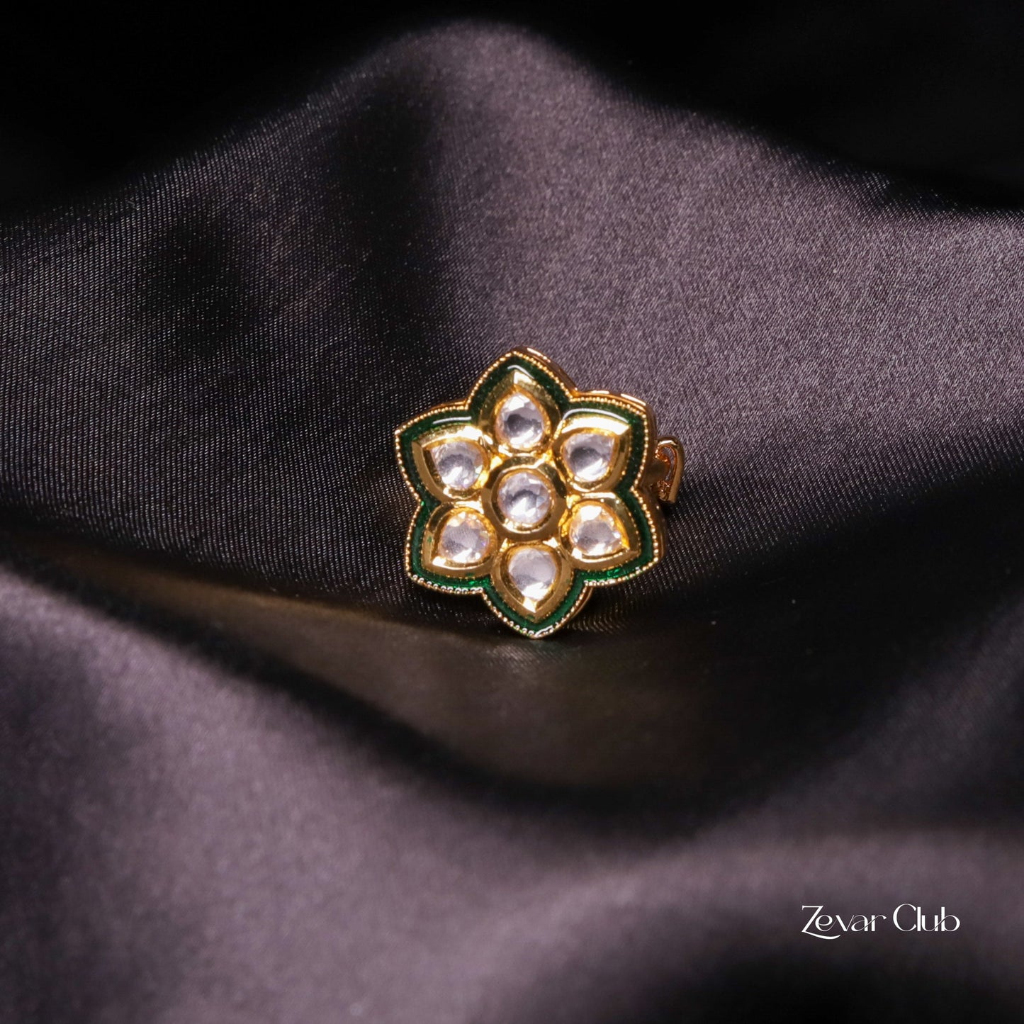 Flower Shaped Green Adjustable Kundan Ring