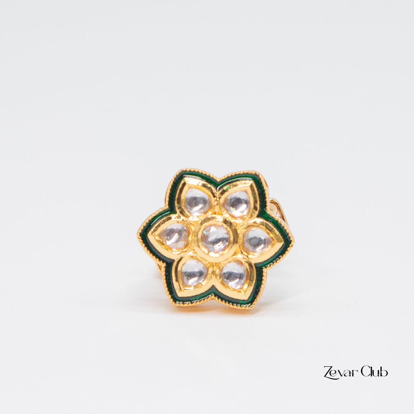 Flower Shaped Green Adjustable Kundan Ring