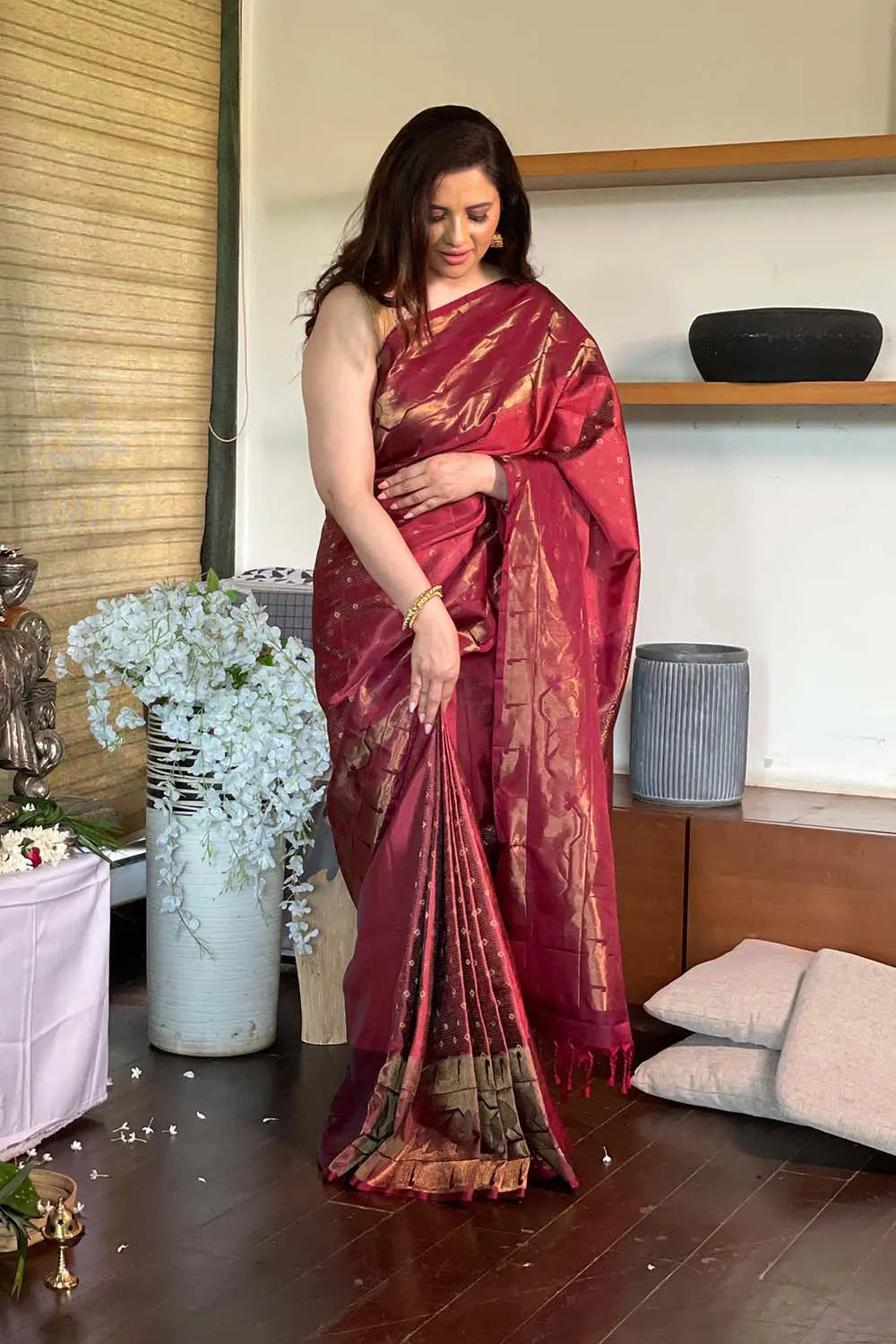 Handloom Maroon Pure Silk Kanchipattu Saree