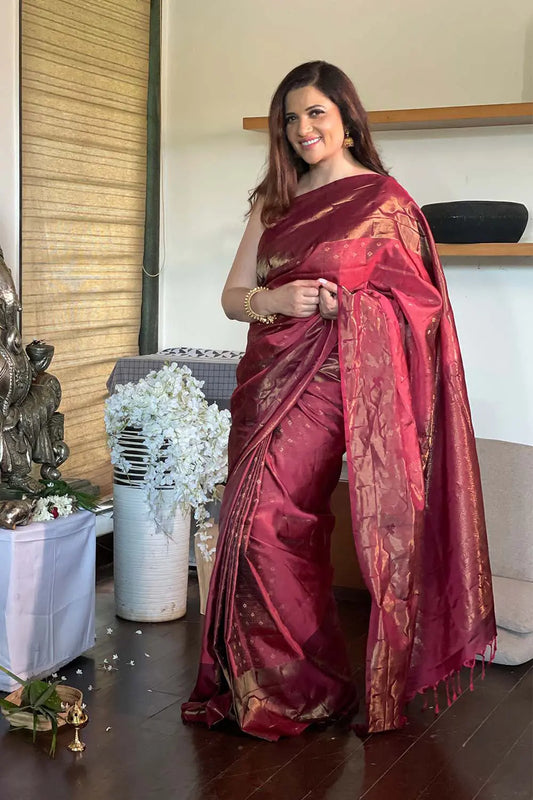 Handloom Maroon Pure Silk Kanchipattu Saree
