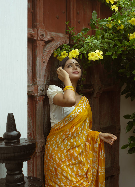 Summer Vacation Collection - Ammiya - Handblock Print Natural Dyed - Yellow Mulmul Cotton Saree