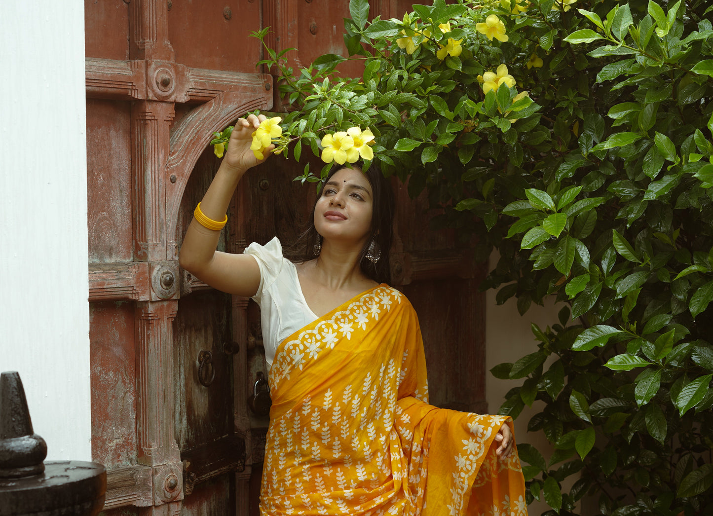 Summer Vacation Collection - Ammiya - Handblock Print Natural Dyed - Yellow Mulmul Cotton Saree