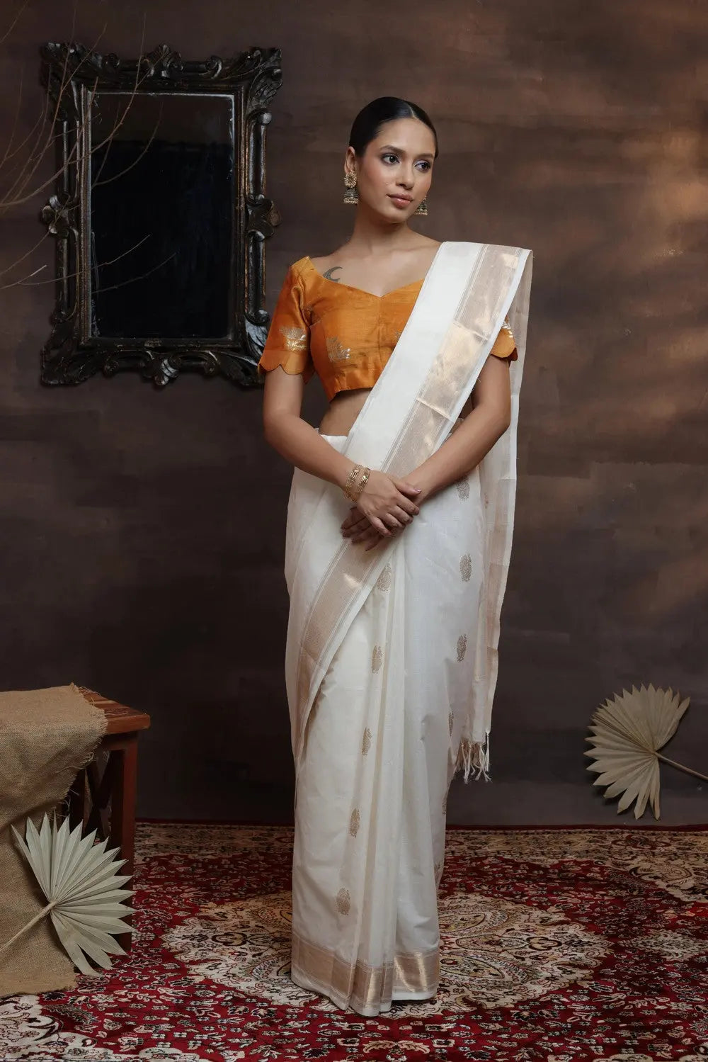 Off White Handloom Pure Cotton Kasavu Saree With Gold Zari Border & Motifs