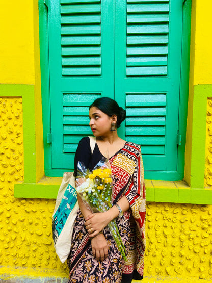 Kalbeliya -  Black Bagru Natural Dyes Handblock Printed - Cotton Mulmul Saree