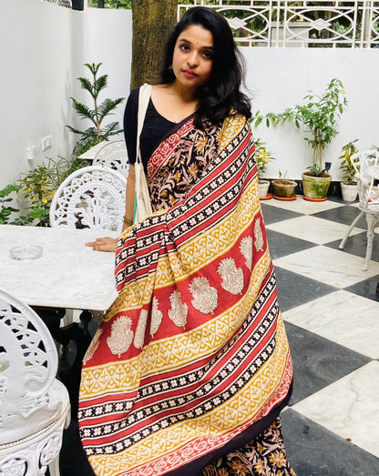 Kalbeliya -  Black Bagru Natural Dyes Handblock Printed - Cotton Mulmul Saree