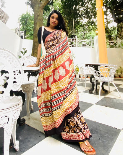 Kalbeliya -  Black Bagru Natural Dyes Handblock Printed - Cotton Mulmul Saree