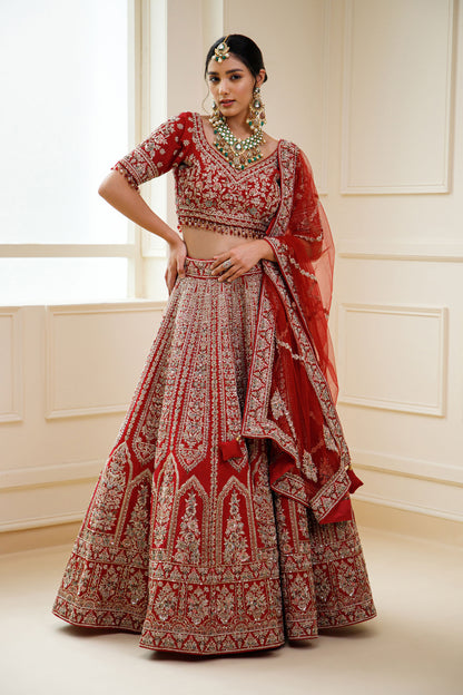Red Zardozi Embroidery Raw Silk Bridal Lehenga
