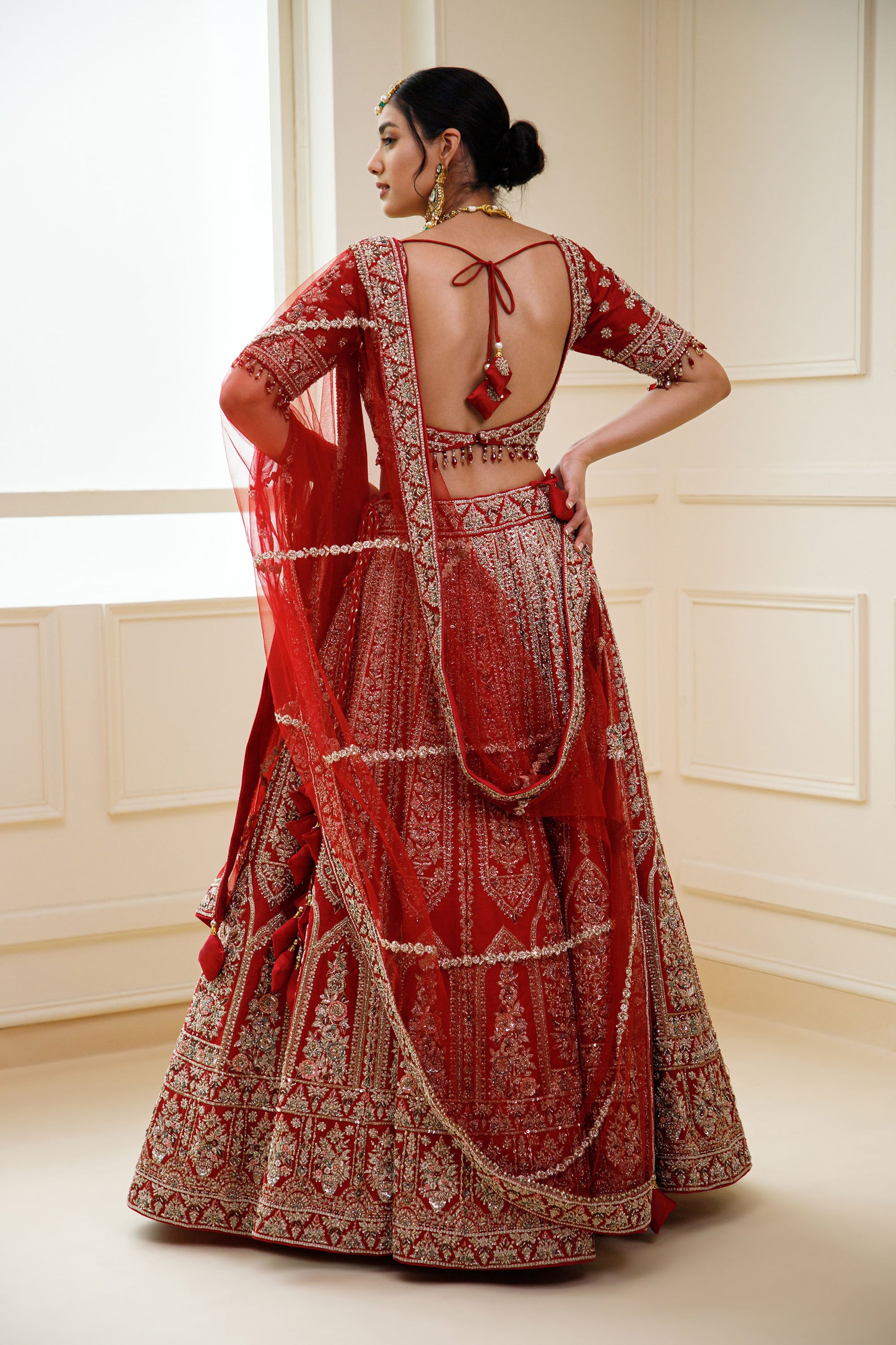Red Zardozi Embroidery Raw Silk Bridal Lehenga