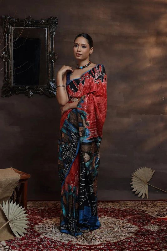 Handloom Berry Red Pure Silk Hand Painted Saree