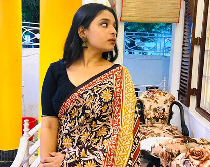 Kalbeliya -  Black Bagru Natural Dyes Handblock Printed - Cotton Mulmul Saree