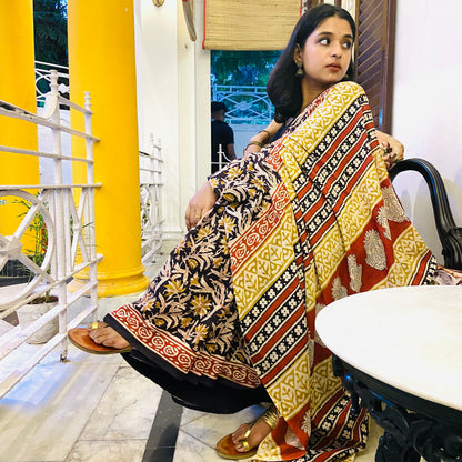 Kalbeliya -  Black Bagru Natural Dyes Handblock Printed - Cotton Mulmul Saree