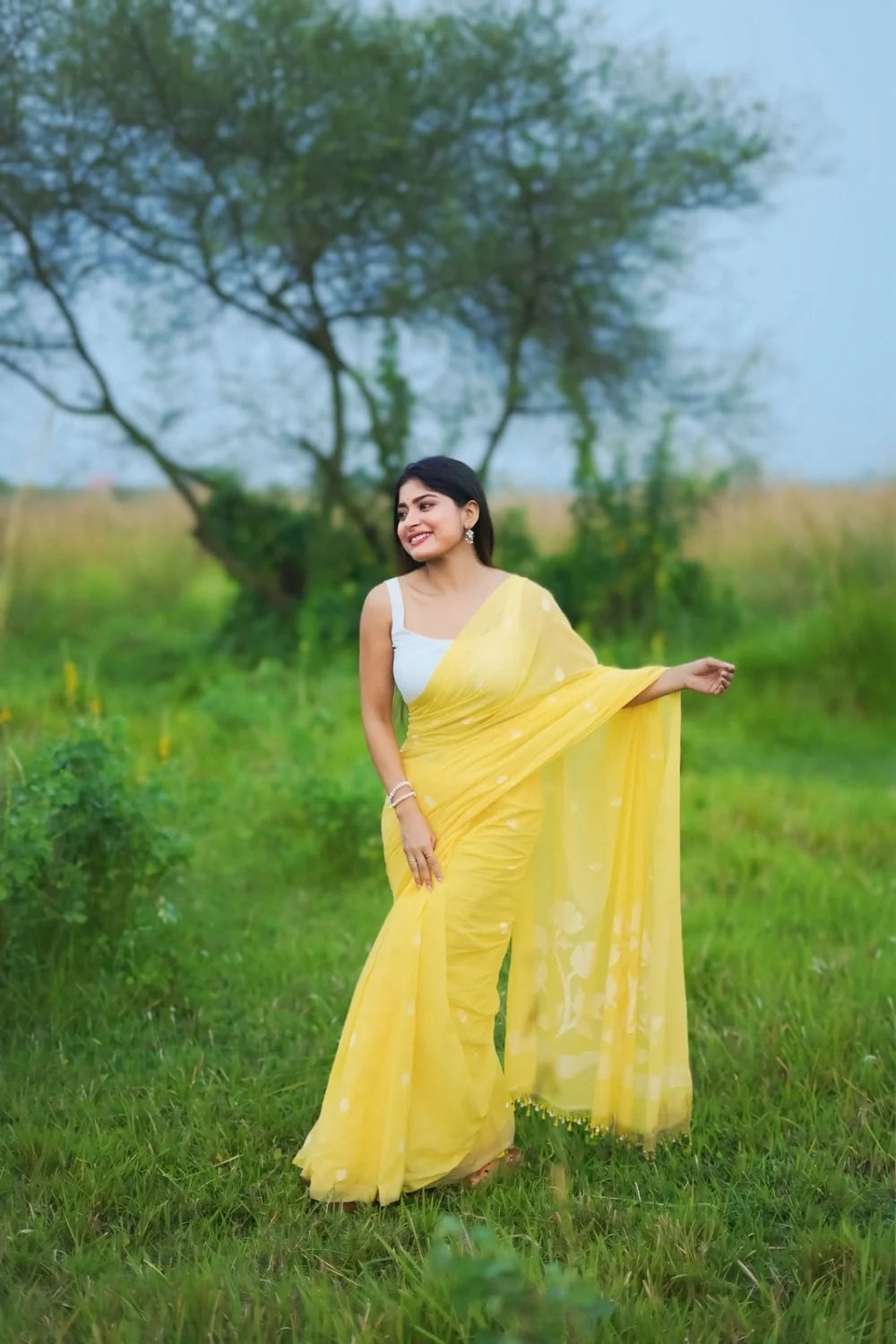 Handloom Lemon Yellow Pure Cotton Jamdani Saree with White Motifs