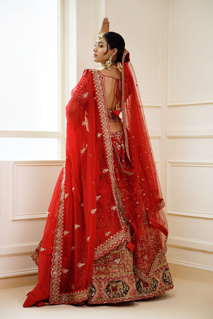 Red Color Zardozi Embroidery Raw Silk Bridal Lehenga