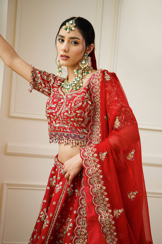Red Color Zardozi Embroidery Raw Silk Bridal Lehenga