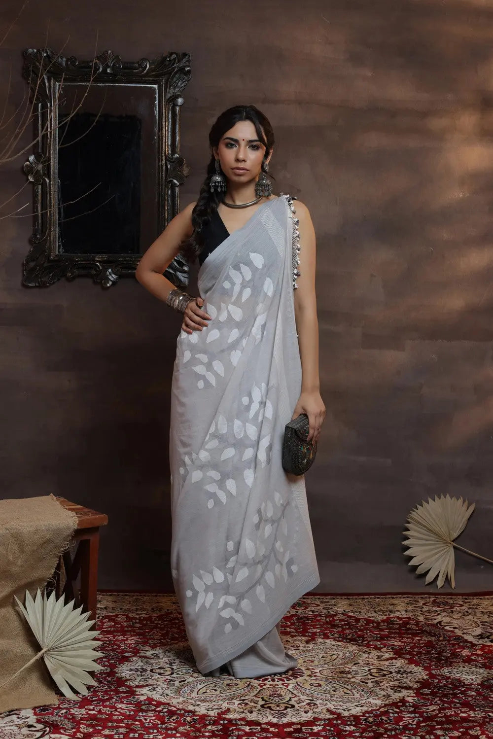 Handloom Grey Soft Cotton Jamdani Saree