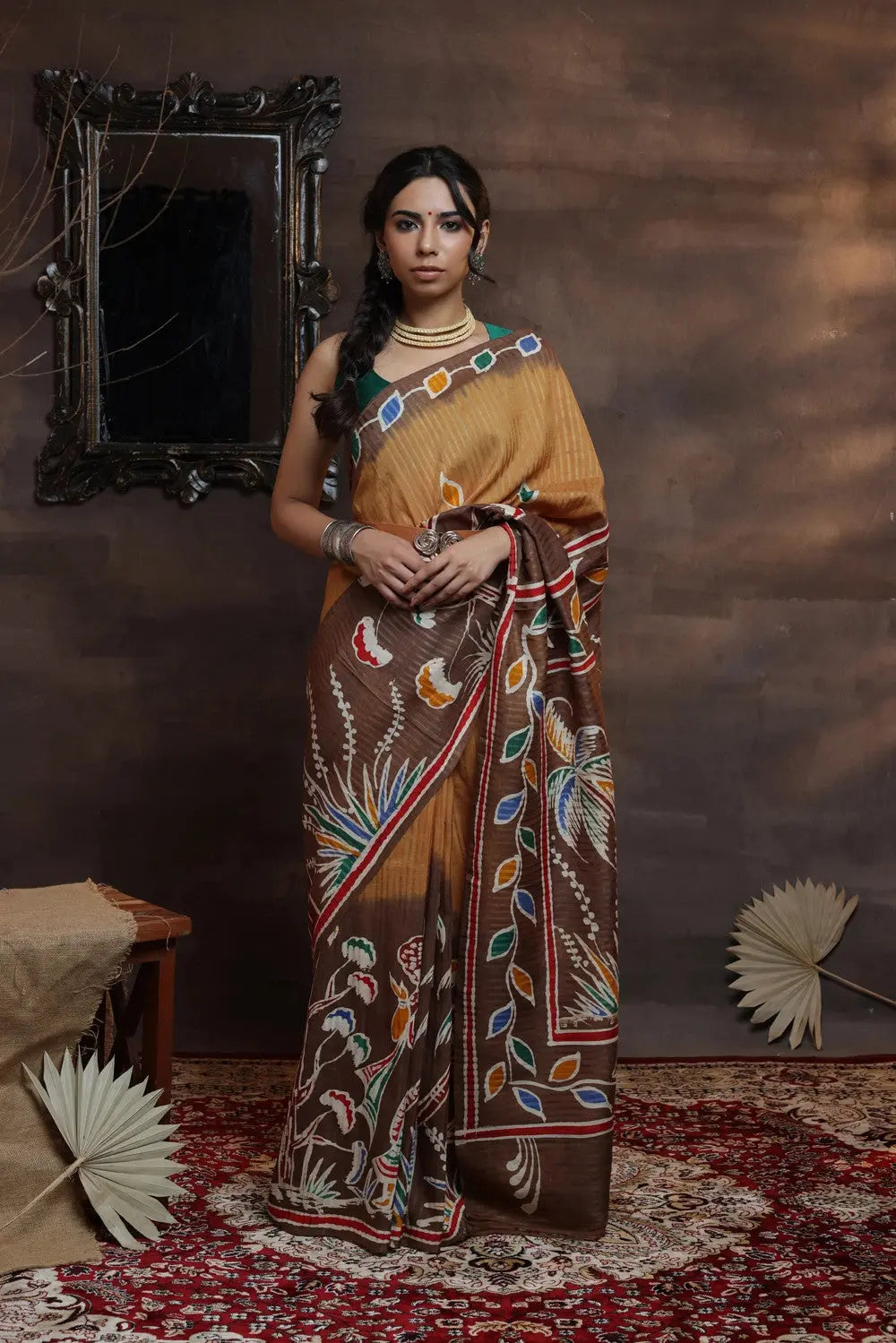 Brown Handloom Pure Silk Hand Painted Saree