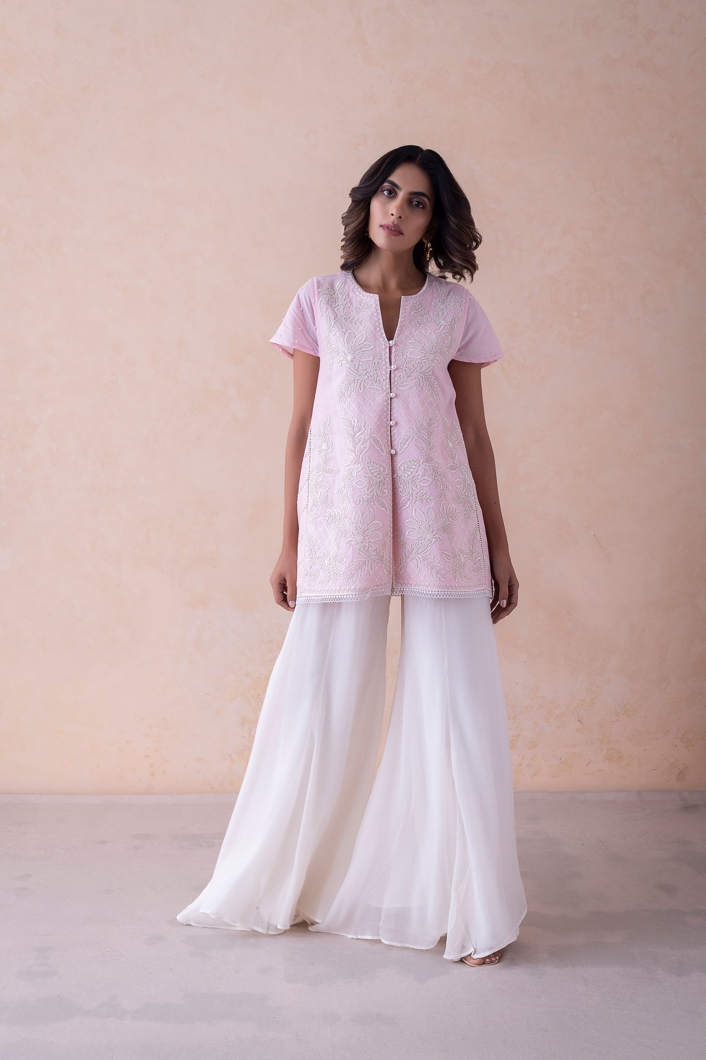 Sabr Pearl-Embellished Floral Pink Tunic & Shimmering Sharara