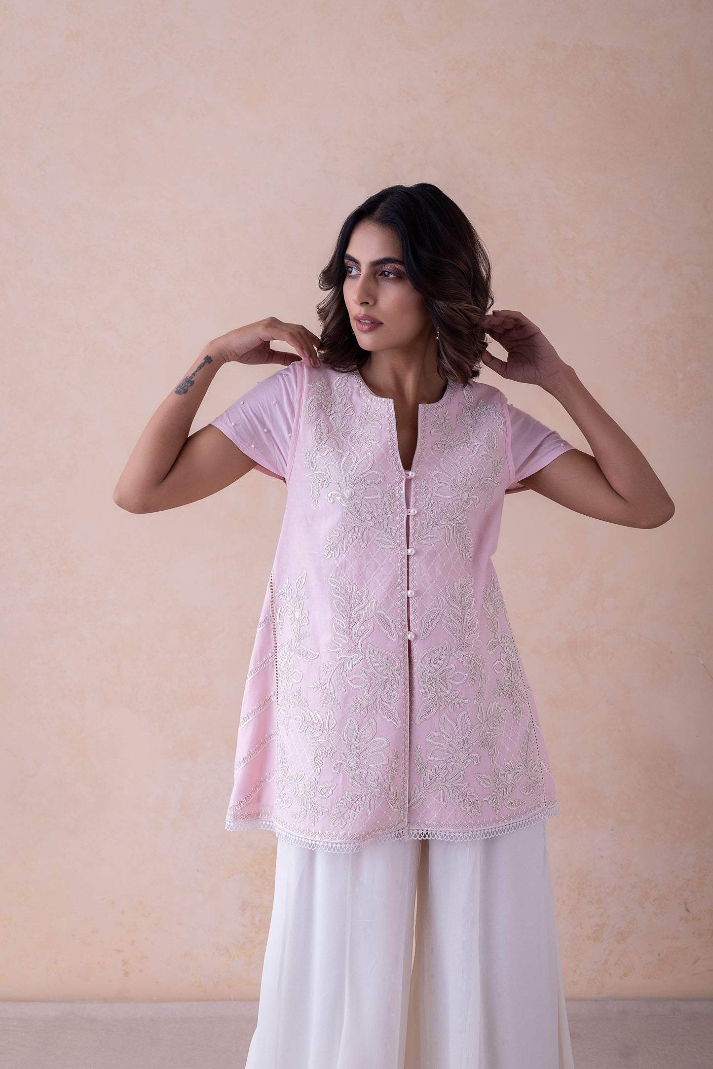 Sabr Pearl-Embellished Floral Pink Tunic & Shimmering Sharara