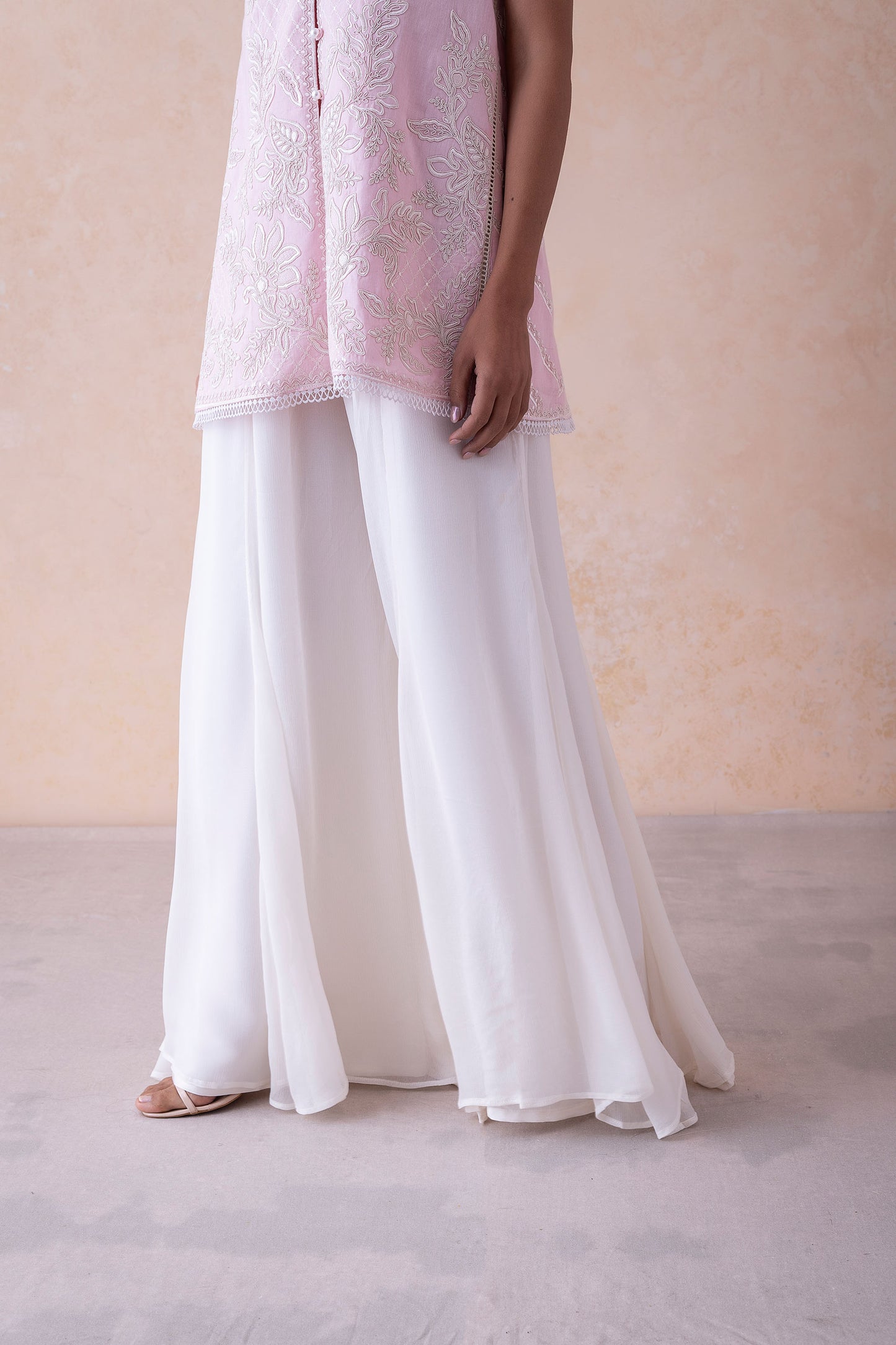 Sabr Pearl-Embellished Floral Pink Tunic & Shimmering Sharara