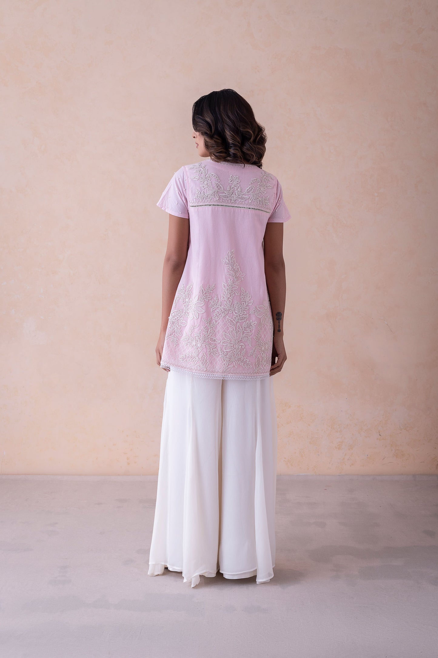 Sabr Pearl-Embellished Floral Pink Tunic & Shimmering Sharara