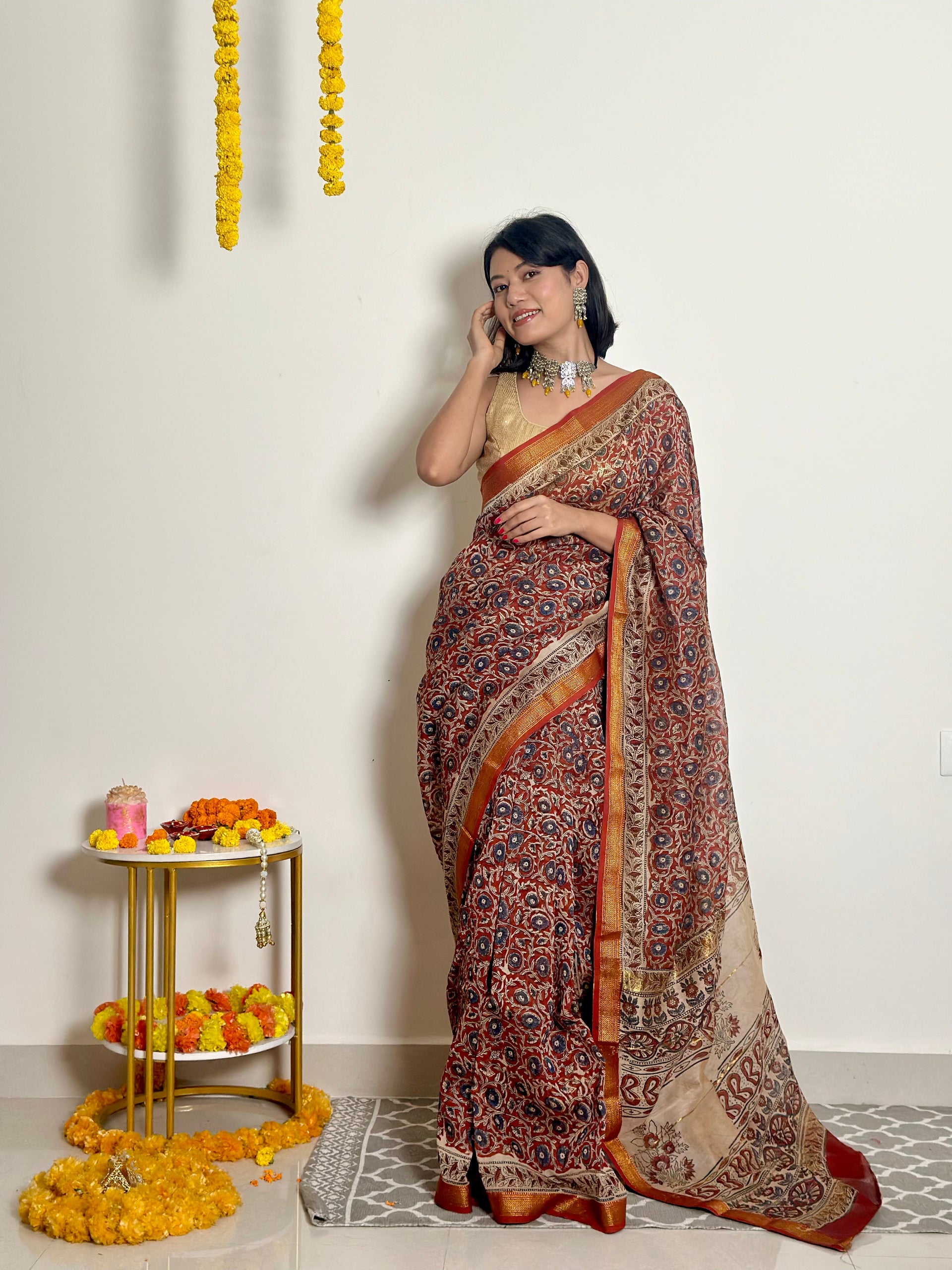 Nutan Handblock Printed Maheshwari Silk Saree