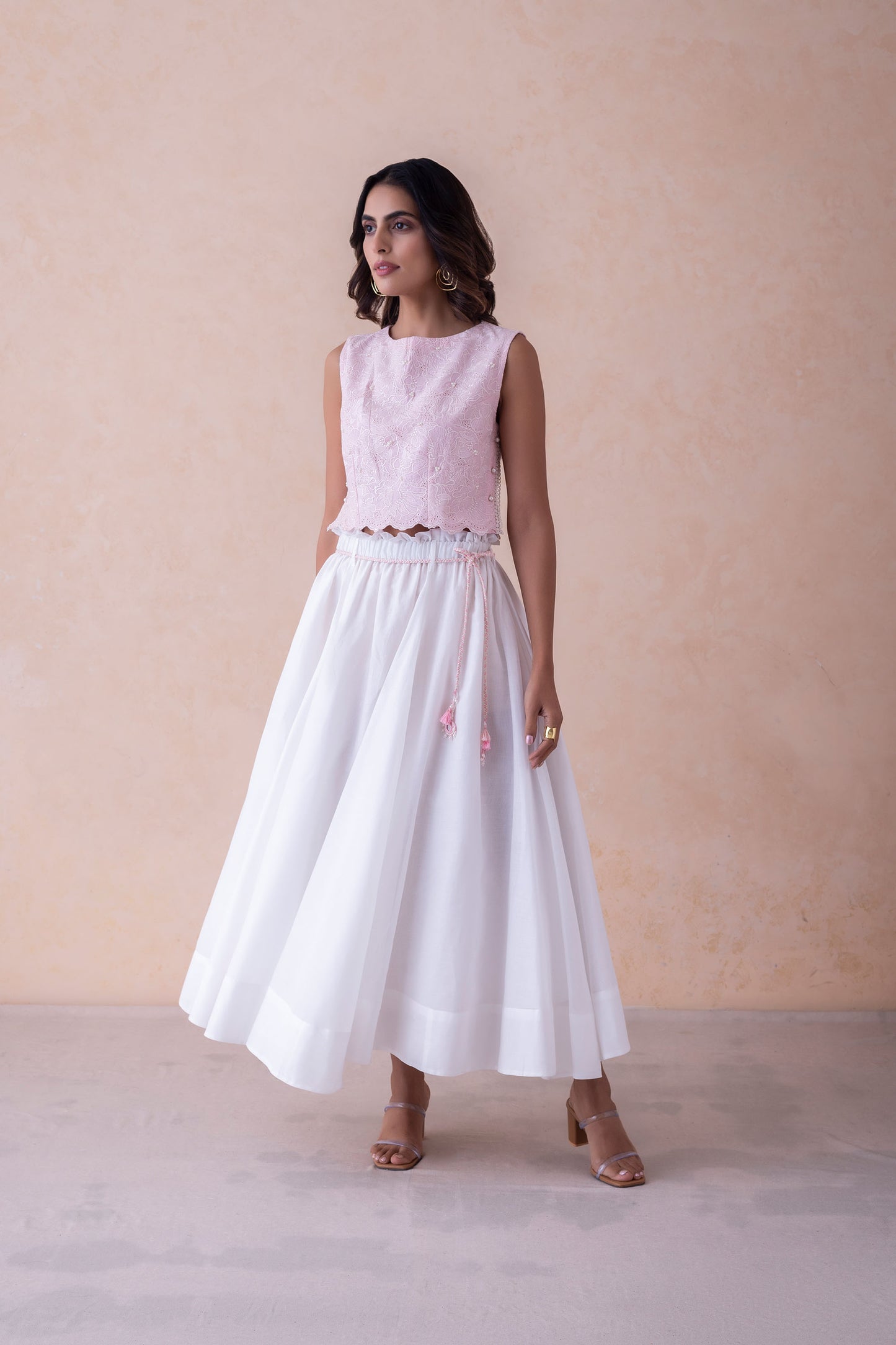 Misha Blush Schiffli Cropped Top & White Flared Skirt with Hand-Braided Belt